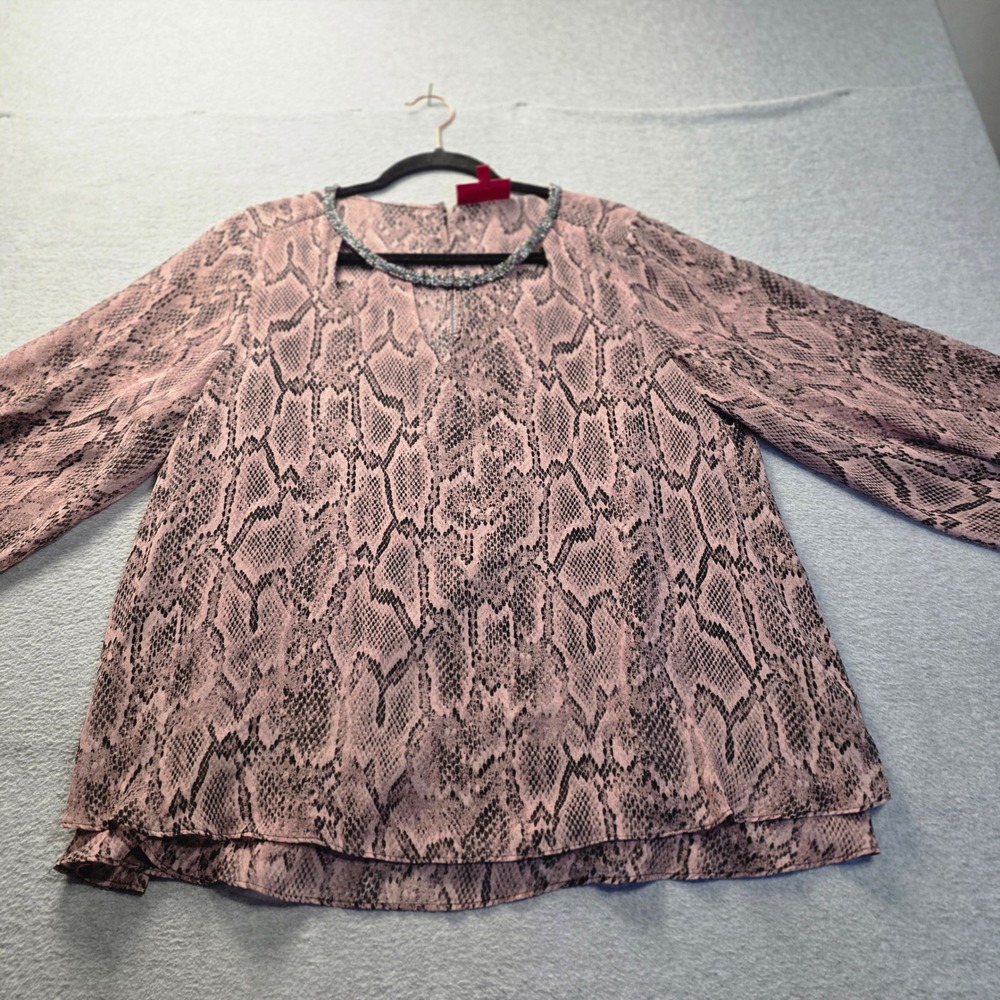 Snakeskin Blouse Womens XL Pink Beaded Animal Print Top Jennifer Lopez‎ LS